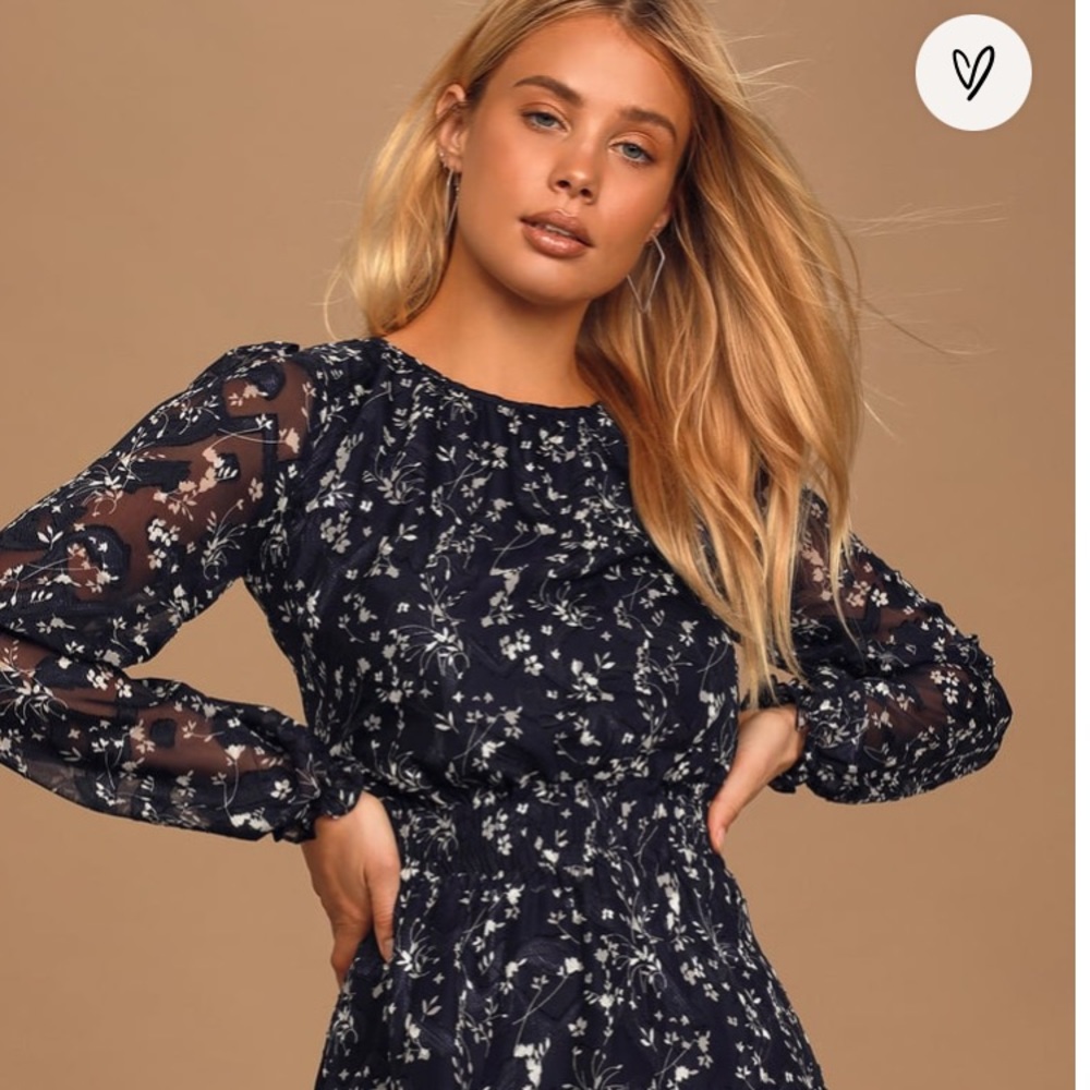 Too Cute Navy Blue Floral Print Smocked Long Sleeve Mini Dress